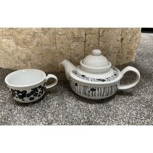 Vtg Toscany Collection Solo Teapot Cup for One Black White Floral Fine China